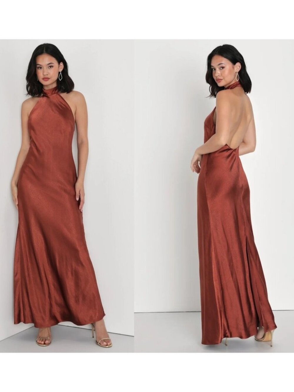 NWT Lulus Love in Your Life Rust Brown Satin Halter Maxi Dress Size XS NEW